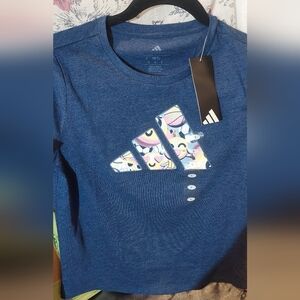 adidas Women's Navy Short-Sleeve Tee with Emoji Graphic Trefoil